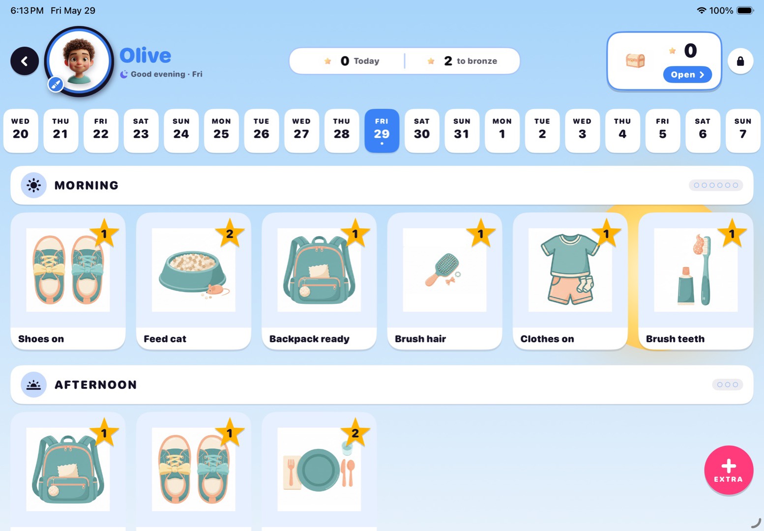 A child's day in Posso — chores grouped by morning, afternoon, and evening, each worth stars.