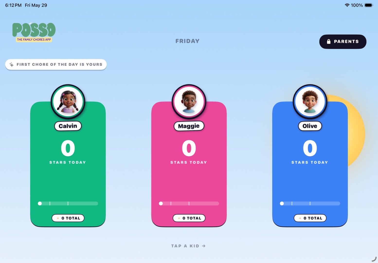 Posso, the family chore tracker for iPad — each child picks their card to see the day's chores.